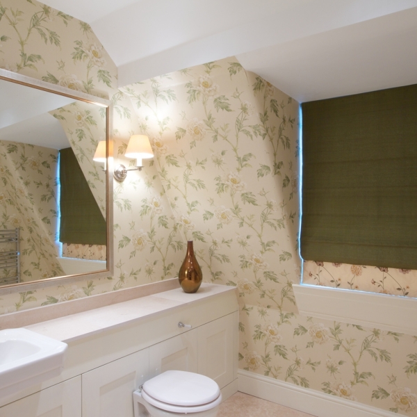 Statement wallpaper in the renovated master suite