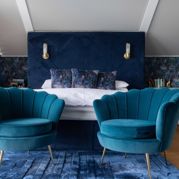 Bespoke velvet upholstered bed and headboard